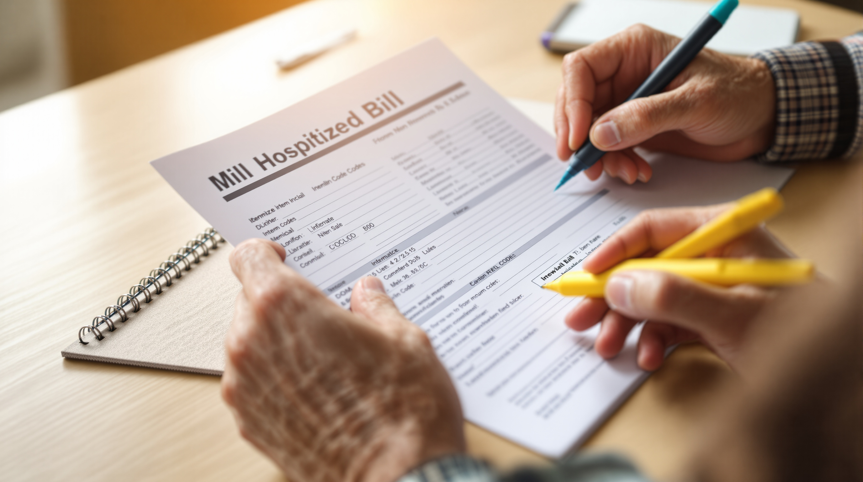 Medicare patient reviewing an itemized hospital bill to find billing errors and apply for financial assistance