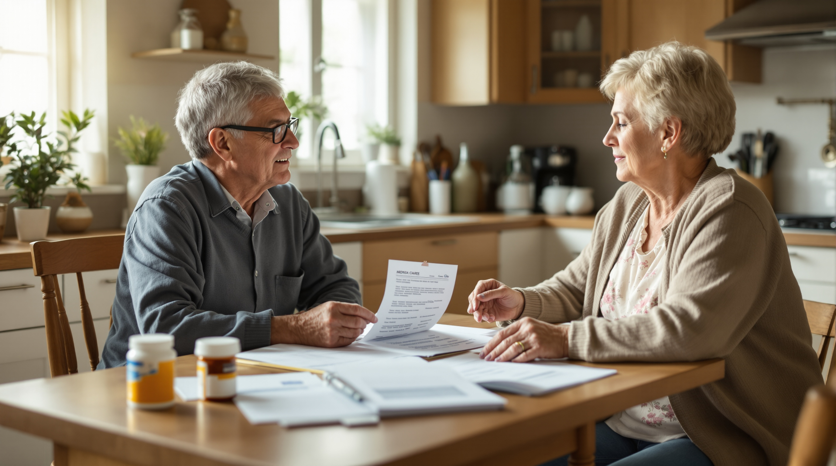 Senior Medicare patient reviewing heart care coverage documents with a patient advocate at home