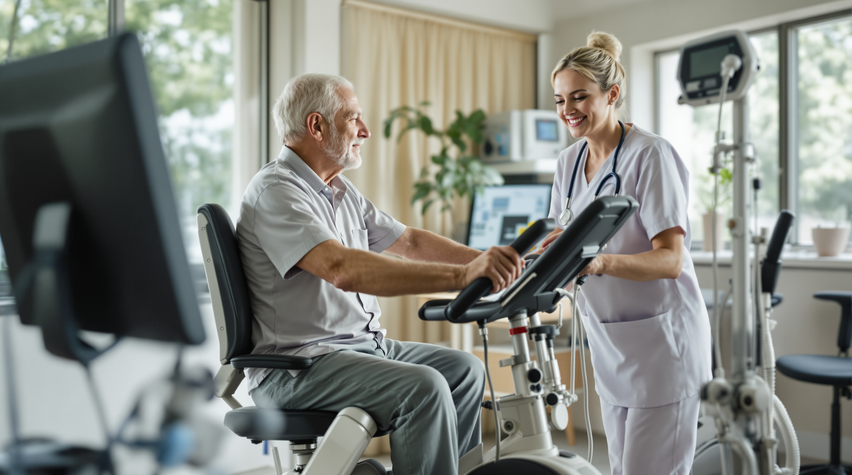 A senior COPD patient participates in pulmonary rehabilitation exercise with a respiratory therapist