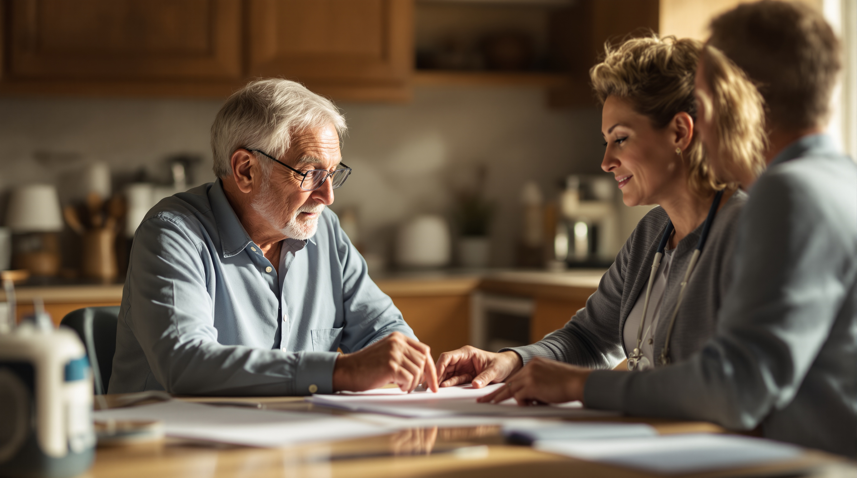A Medicare patient advocate helps a senior COPD patient review coverage and treatment options at home