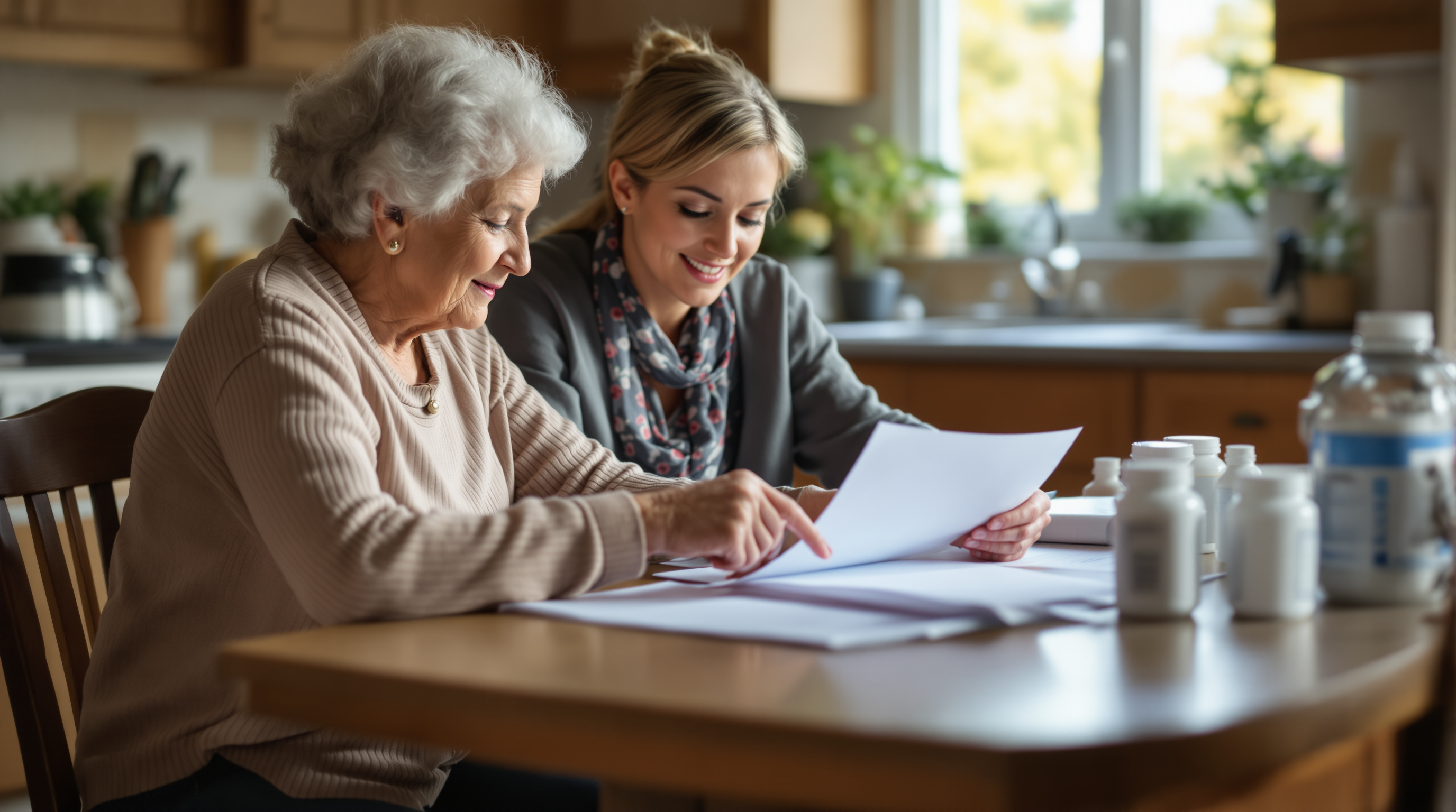 A patient advocate helps a senior woman with lupus review her Medicare coverage and medication paperwork at home